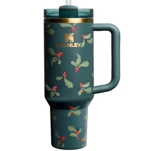 Stanley Green Holiday Holly Pattern Travel Mug with Gold Accents